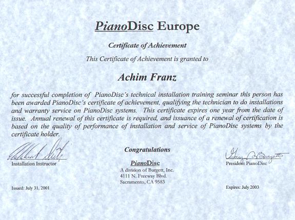PianoDisc Europe Zertifikat 